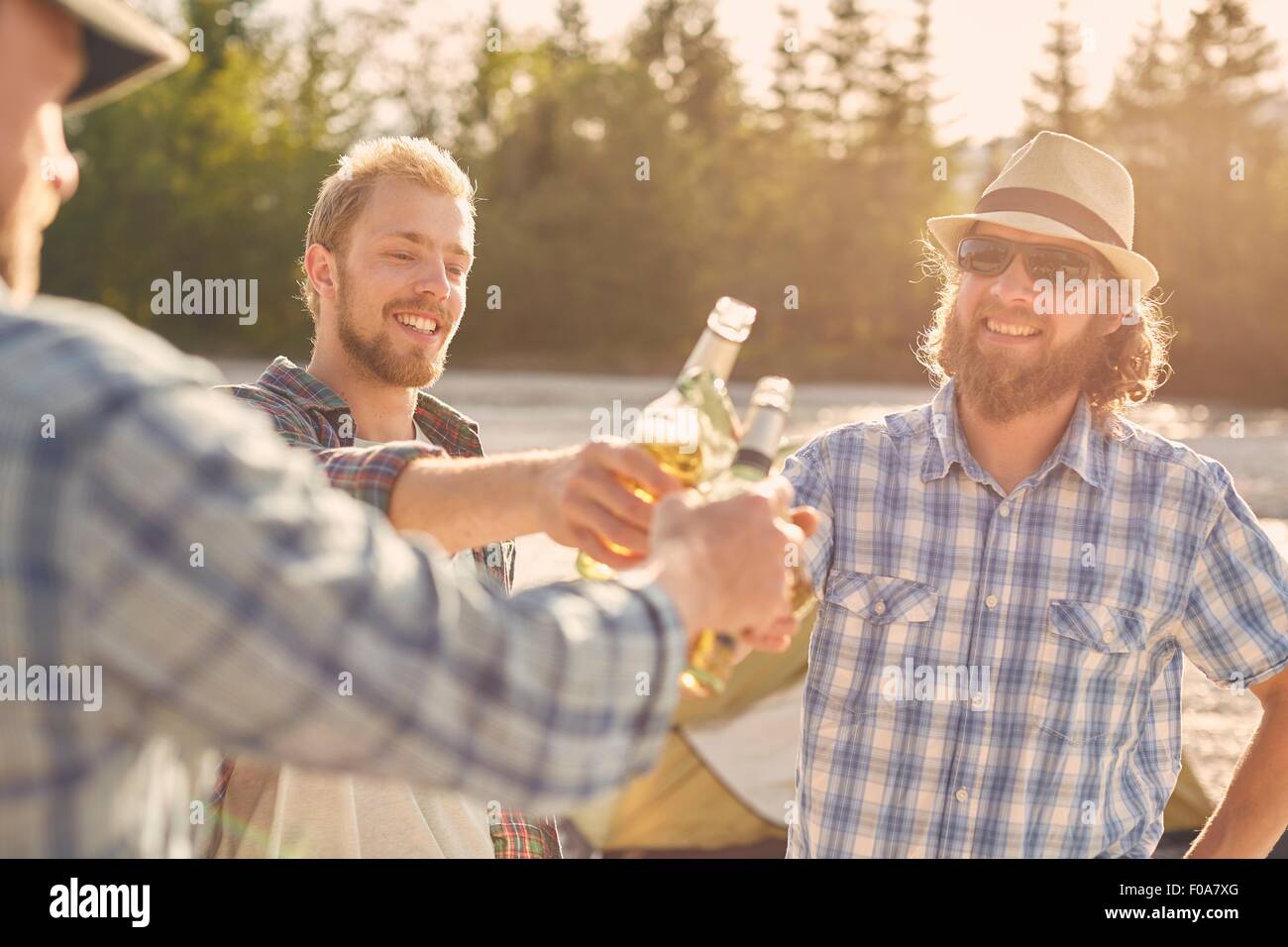 Fare gli uomini un toast con bottiglie di birra, sorridente Foto Stock