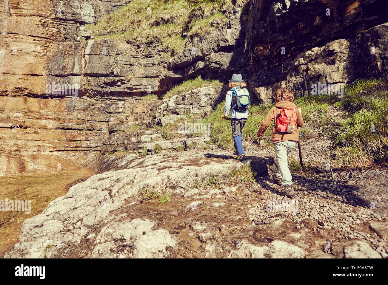 Due bambini, Escursionismo, vista posteriore Foto Stock