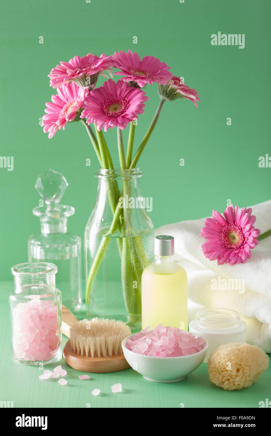 Aromaterapia spa con fiori di gerbera olio essenziale spazzola Foto Stock