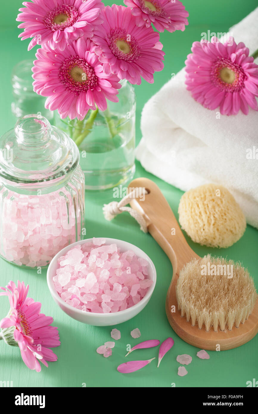 Aromaterapia spa con fiori di gerbera olio essenziale spazzola Foto Stock