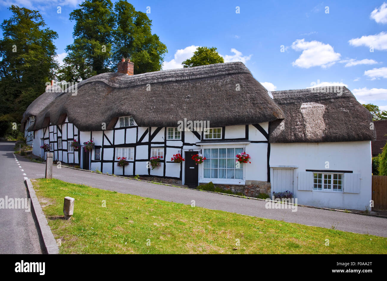 Cottage con il tetto di paglia, Wherwell, Hampshire, Inghilterra Foto Stock