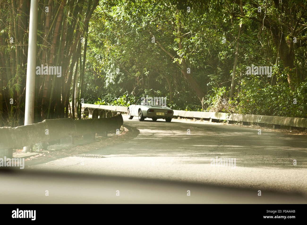 Due uomini convertibile in auto sulla strada, vista posteriore Foto Stock