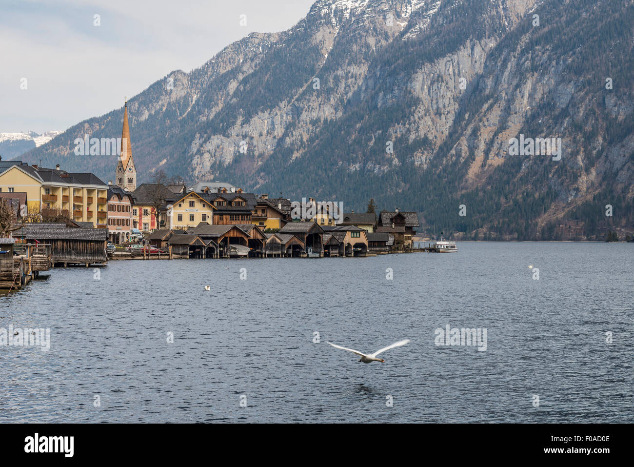 Vista di Hallstatt e Hallstatter vedere, Austria Foto Stock