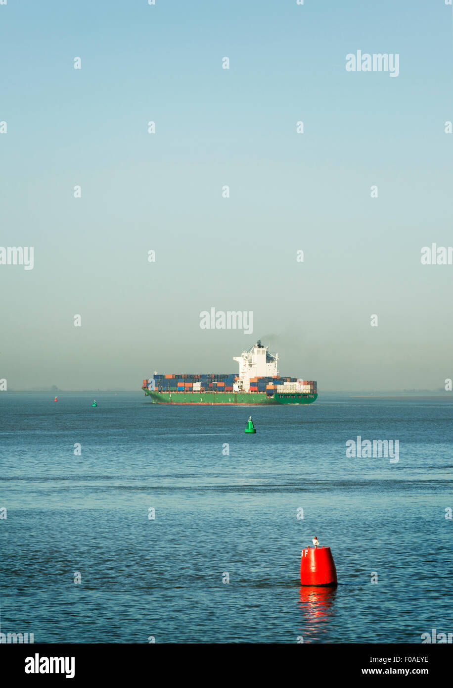 Container la vela sul fiume Westerschelde, verso il porto di Anversa, Riland, Zelanda, Paesi Bassi Foto Stock