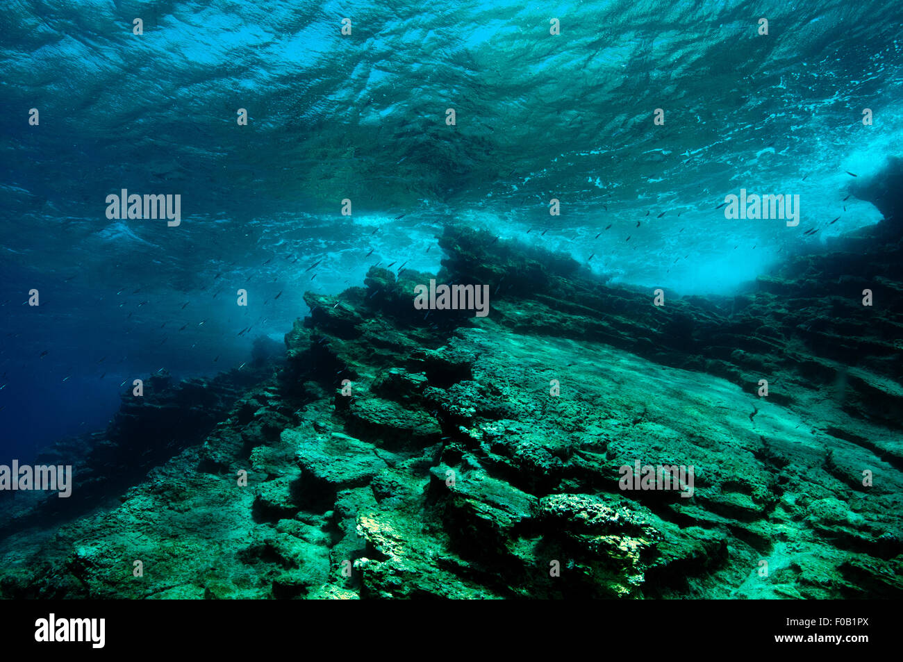 Shallow littoral sterile scogliera rocciosa nella baia di Gokova Turchia Foto Stock