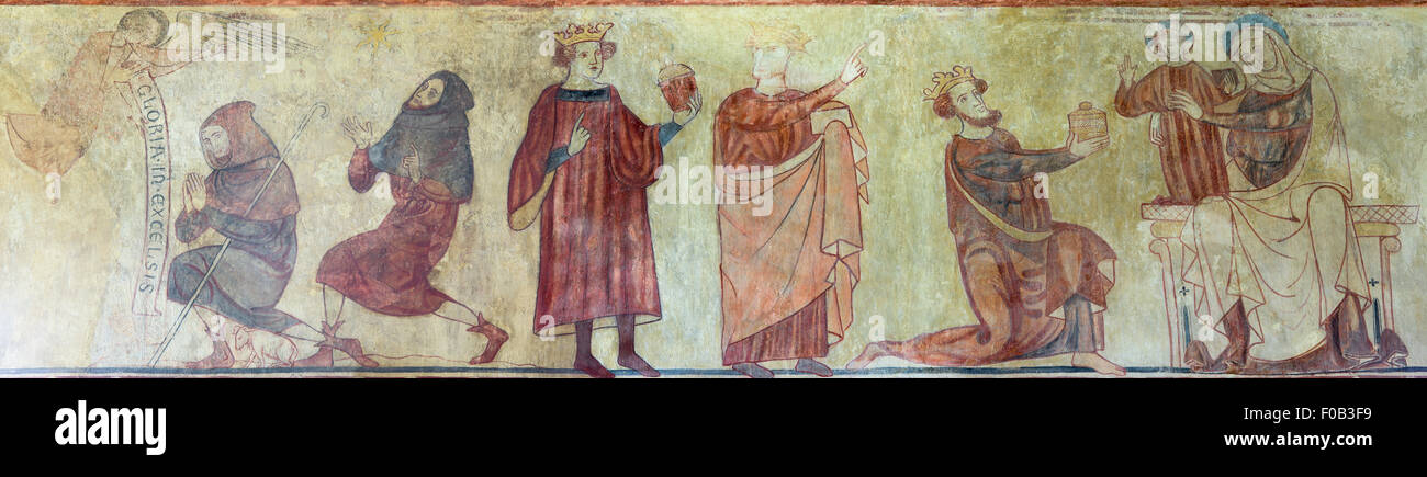 Le storie di cristiana dei pastori e dei tre re in una pittura murale medioevale, Easby Chiesa, Richmond, North Yorkshire, Regno Unito Foto Stock