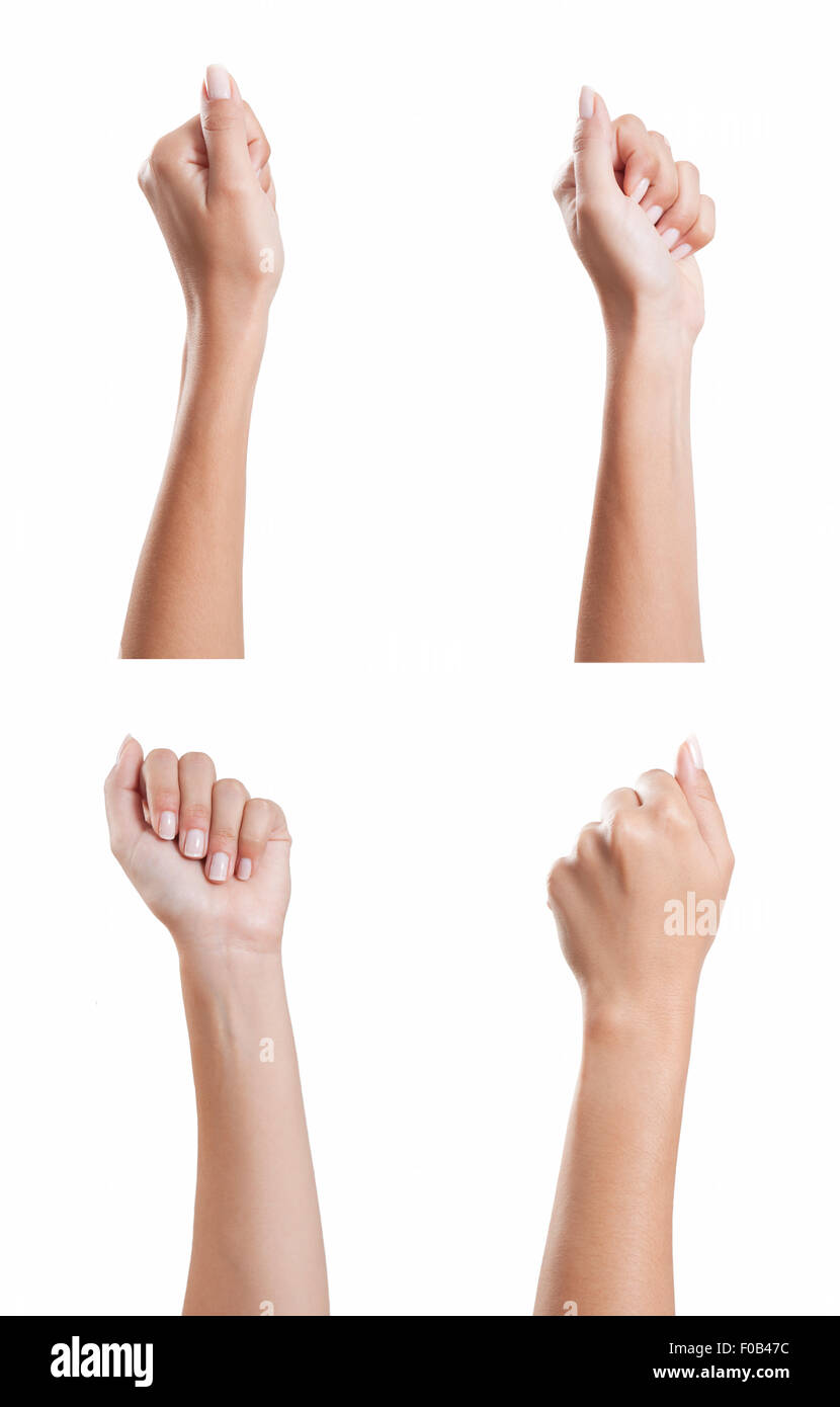 Varie mani femminili con belle unghie curati tesa come pugno, sfondo bianco, isolato Foto Stock