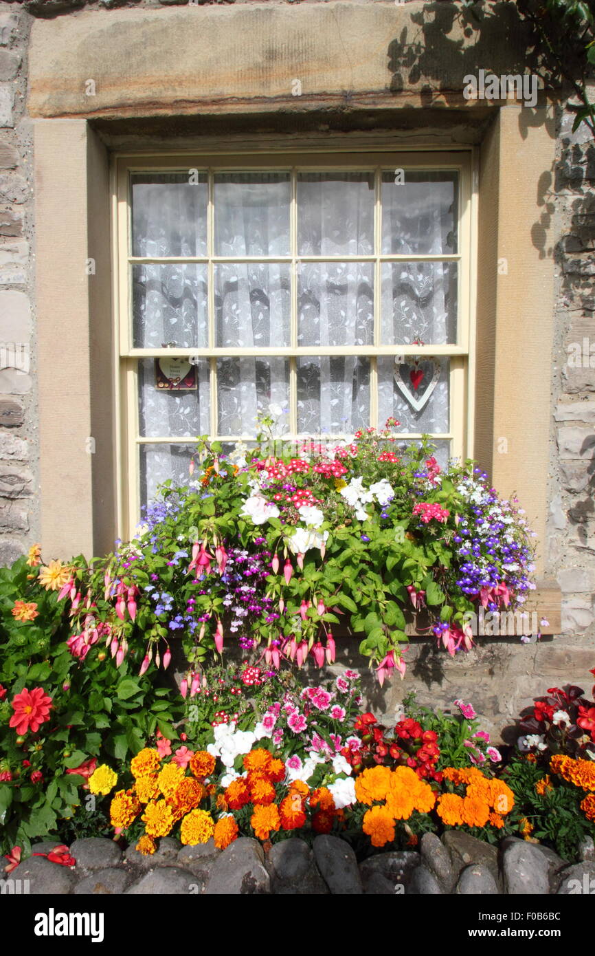 Una finestra casella addobba con piante fiorite sorge su un davanzale di una tradizionale cottage in pietra nel Peak District, DERBYSHIRE REGNO UNITO Foto Stock