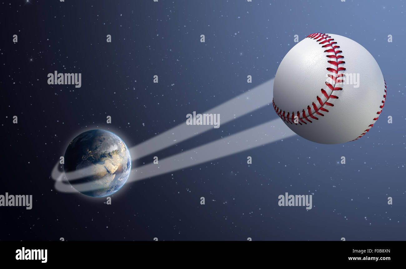 Un concetto sportivo mostra regolarmente una palla da baseball frusciante fuori e sopra la terra su un spazio stellato sfondo Foto Stock