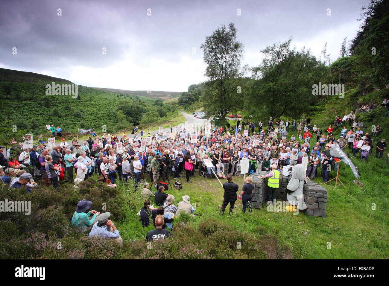 I dimostranti si riuniscono per la campagna contro la persecuzione illegale della gallina harriers a Albanella reale giorno,Peak District DERBYSHIRE REGNO UNITO Foto Stock
