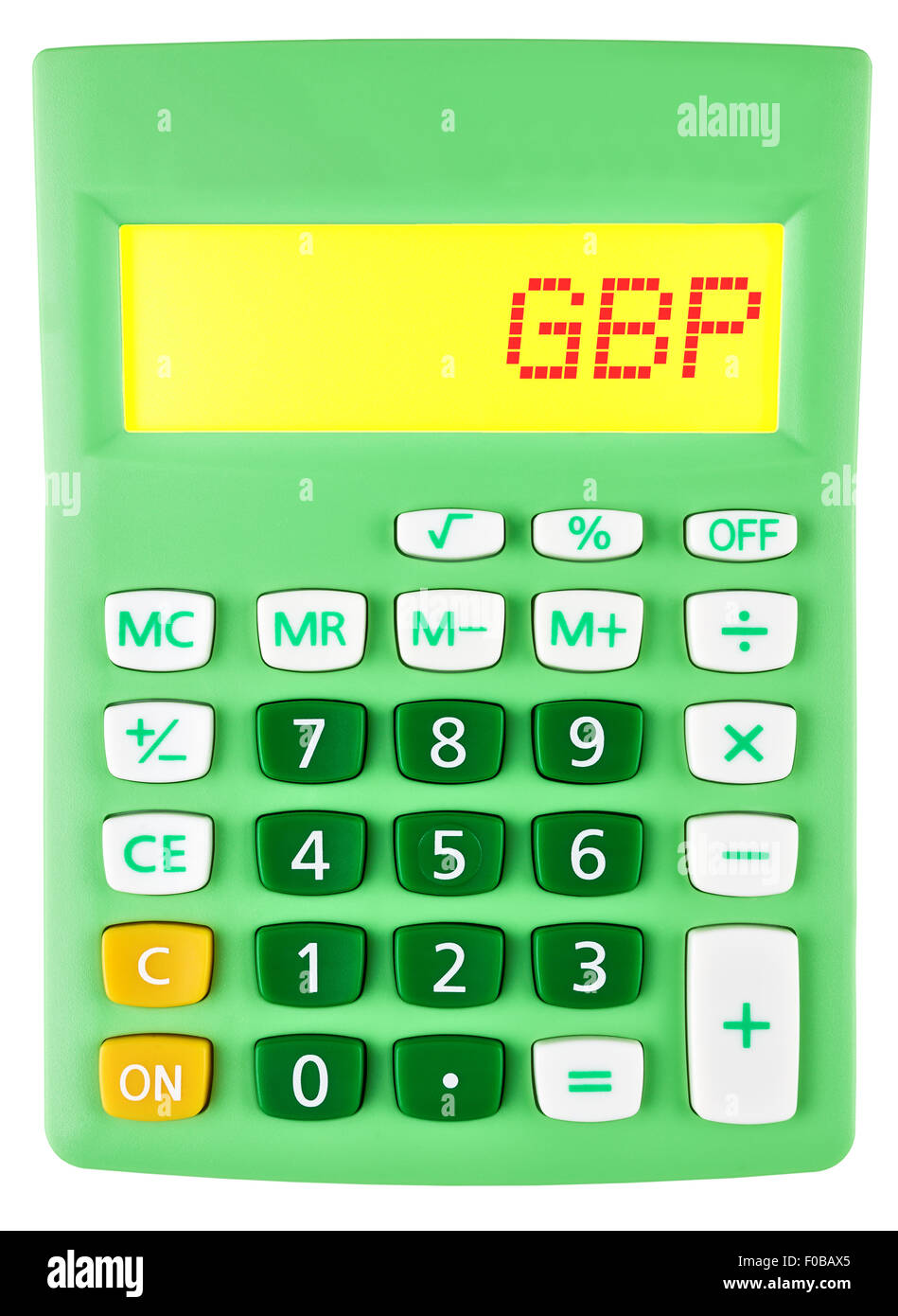 Calcolatrice con GBP sul display su sfondo bianco Foto Stock