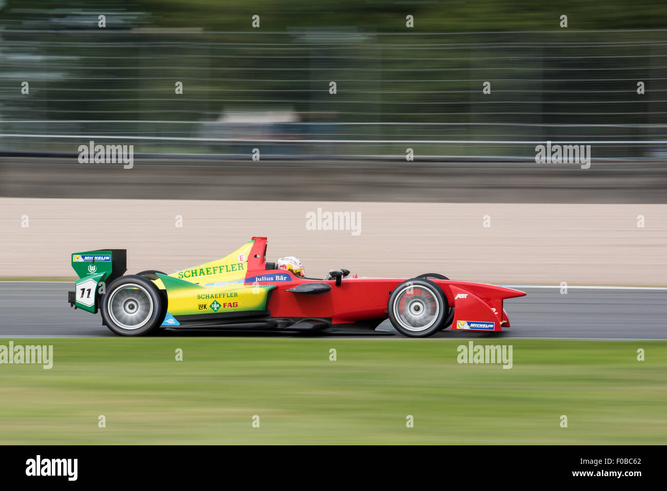 Formula e racing driver Daniel Abt test a Donington canalina Agosto 2015 LEICESTERSHIRE REGNO UNITO Foto Stock