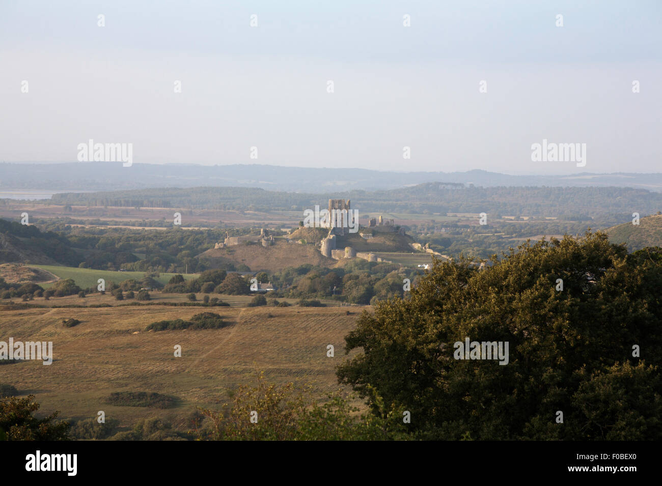 Corfe Castle affiancato da East Hill e West Hill Il Purbeck Hills il Isle of Purbeck Dorset Inghilterra Foto Stock