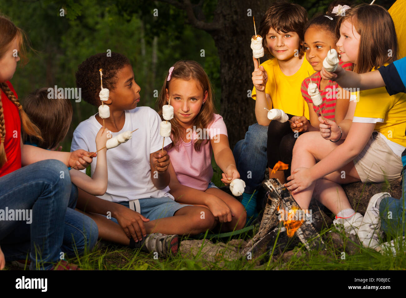 Un gruppo di bambini con s'more vicino al falò Foto Stock