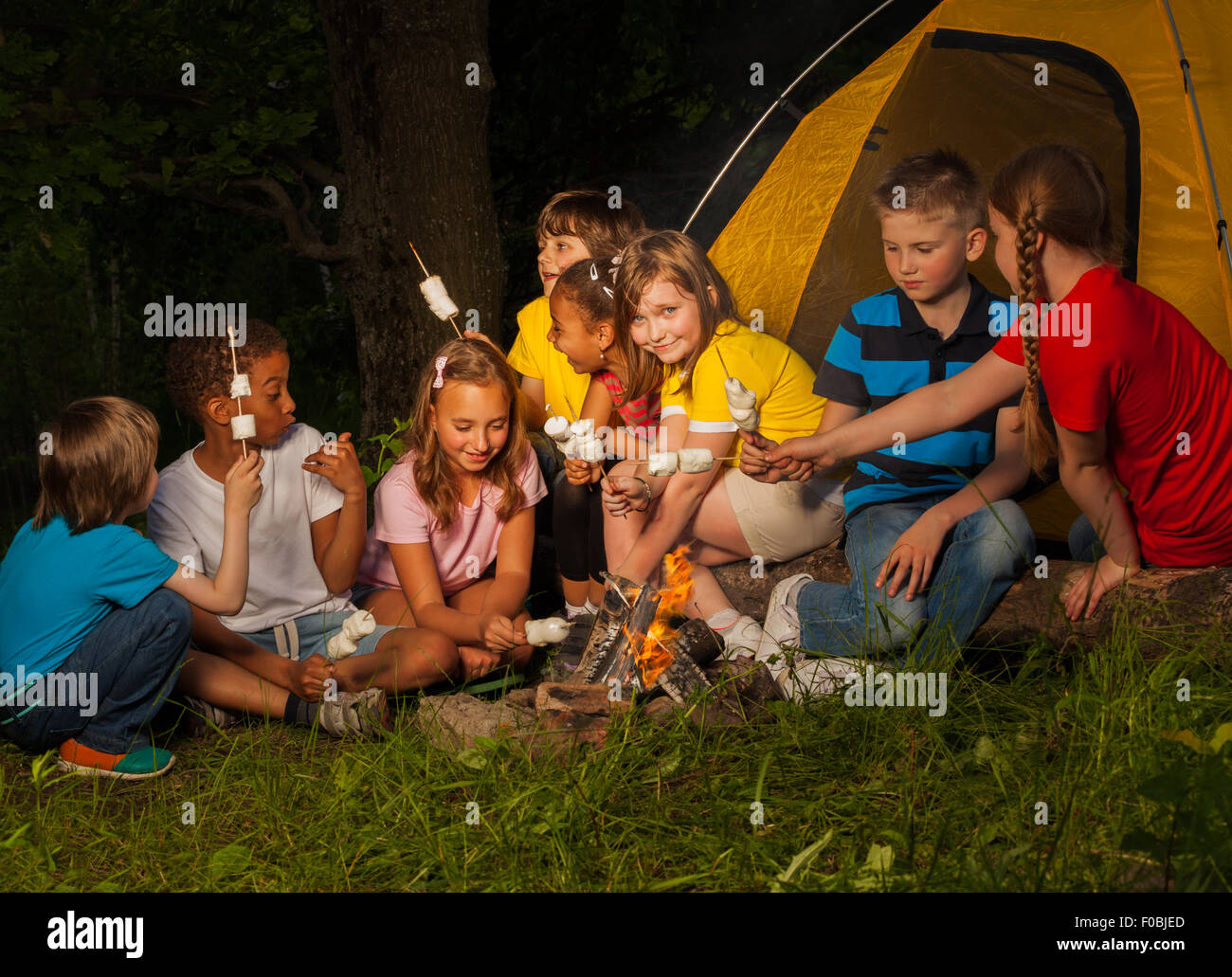 I partecipanti seduti con marshmallow vicino al falò Foto Stock
