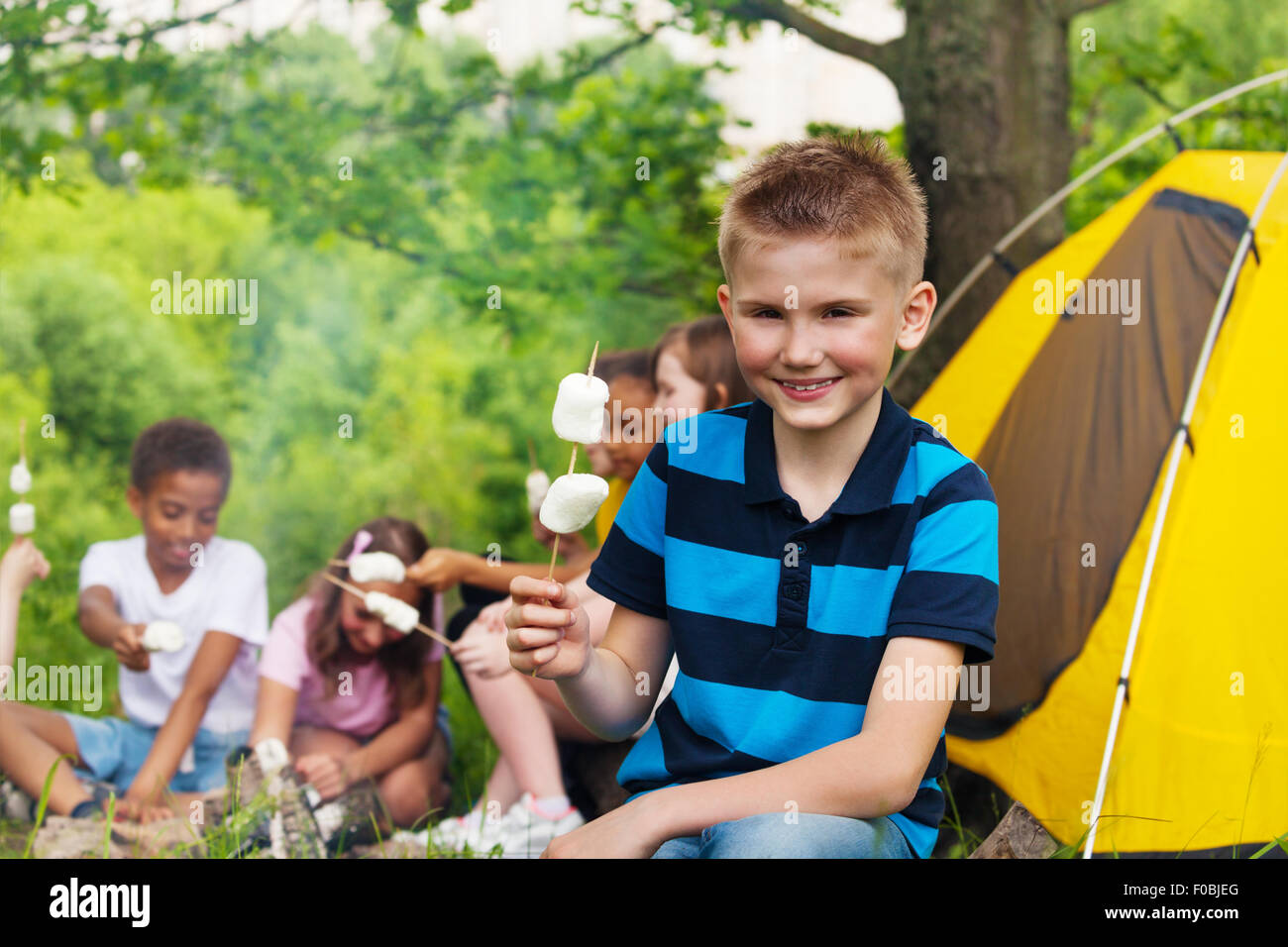 Ragazzo stecco di presa con marshmallows durante il campeggio Foto Stock
