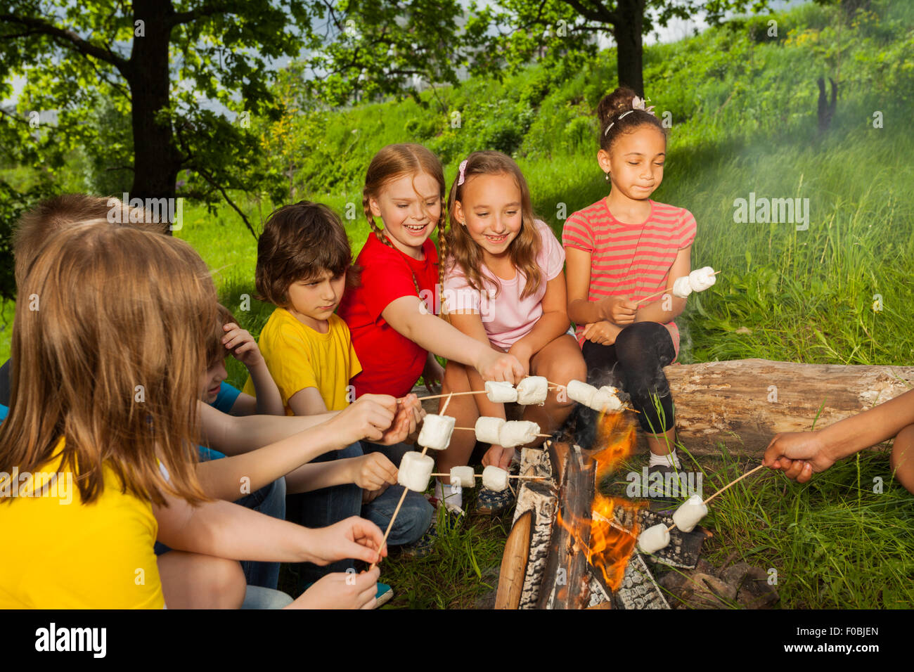 Gli adolescenti seduti vicino al falò con marshmallow Foto Stock