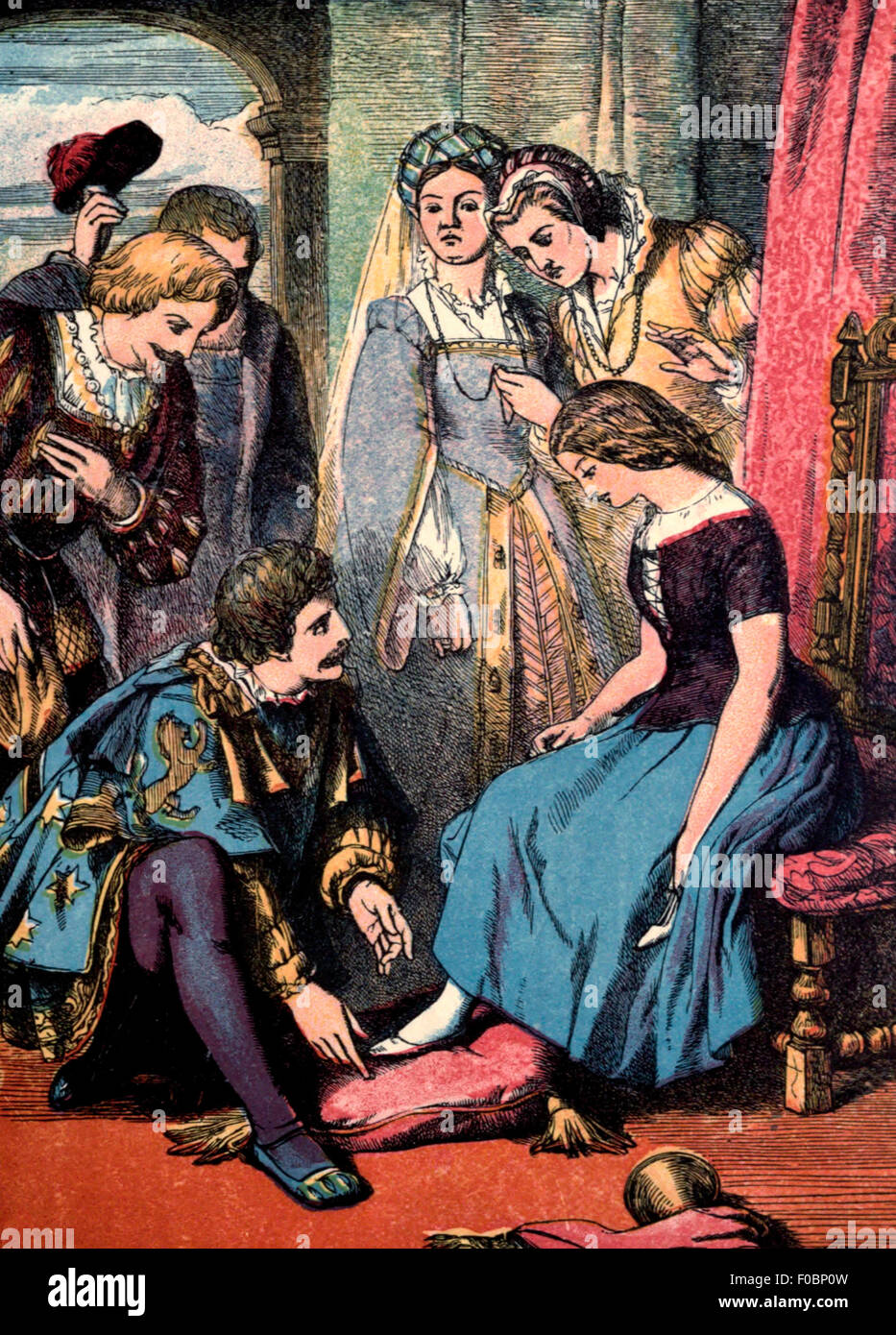 Prince Charming mettendo il pattino del vetro su Cenerentola mentre suo stepsisters, Anastasia e Drizella, guarda su di gelosia Foto Stock