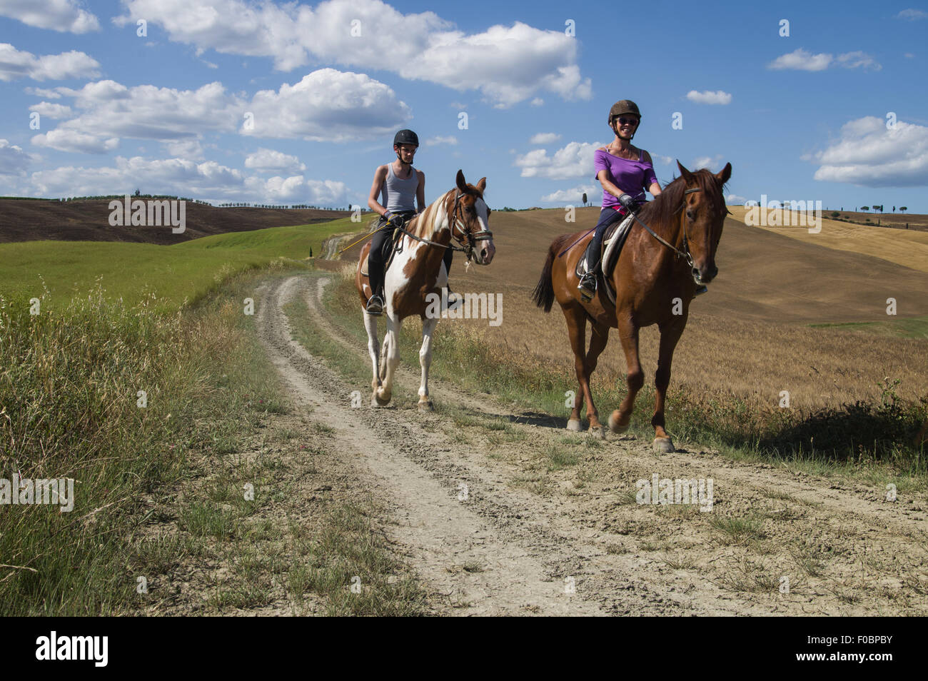 In sella ad un cavallo in Val d'orcia paesaggio in Toscana Foto Stock