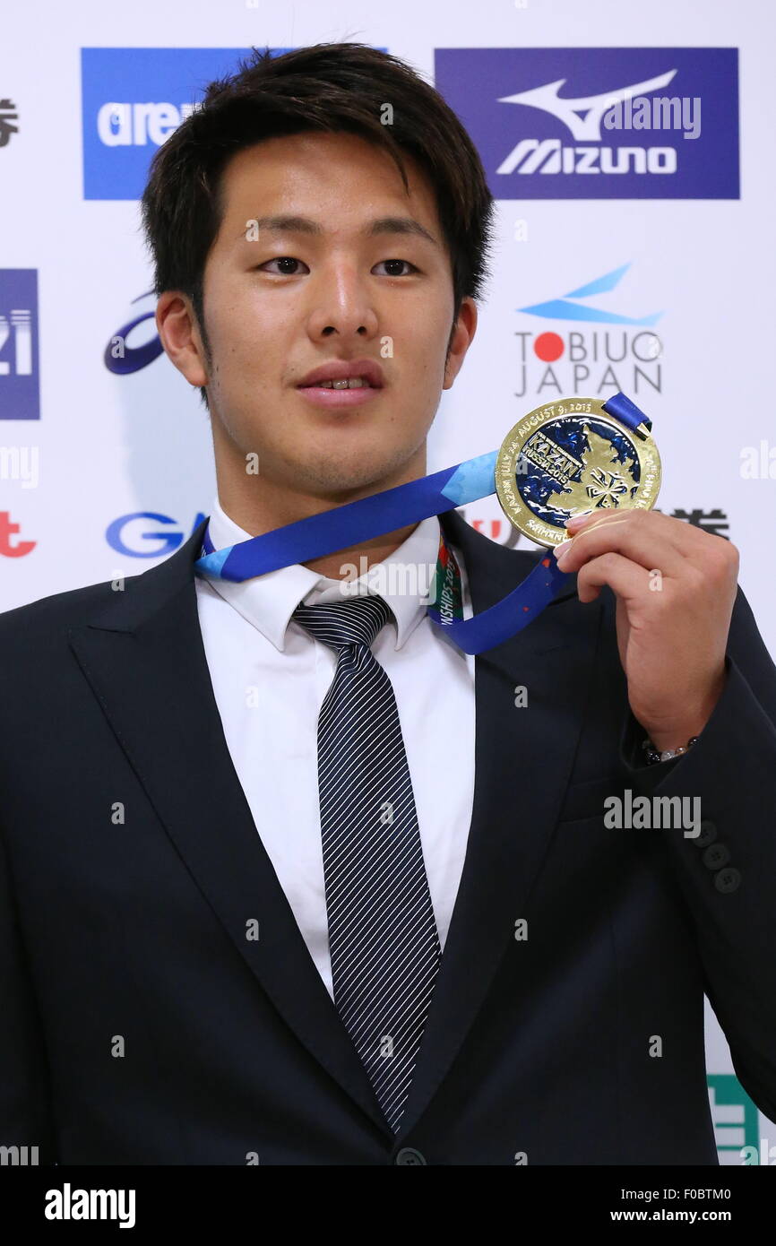 Tokyo, Giappone. 11 Ago, 2015. Daiya Seto (JPN) Nuoto : nazionale giapponese del team di nuoto medaglia d'oro Natsumi Hoshi e Kanako Watanabe e Daiya Seto di partecipare alla conferenza stampa dopo l'arrivo a Tokyo in Giappone . Credito: Sho Tamura AFLO/sport/Alamy Live News Foto Stock