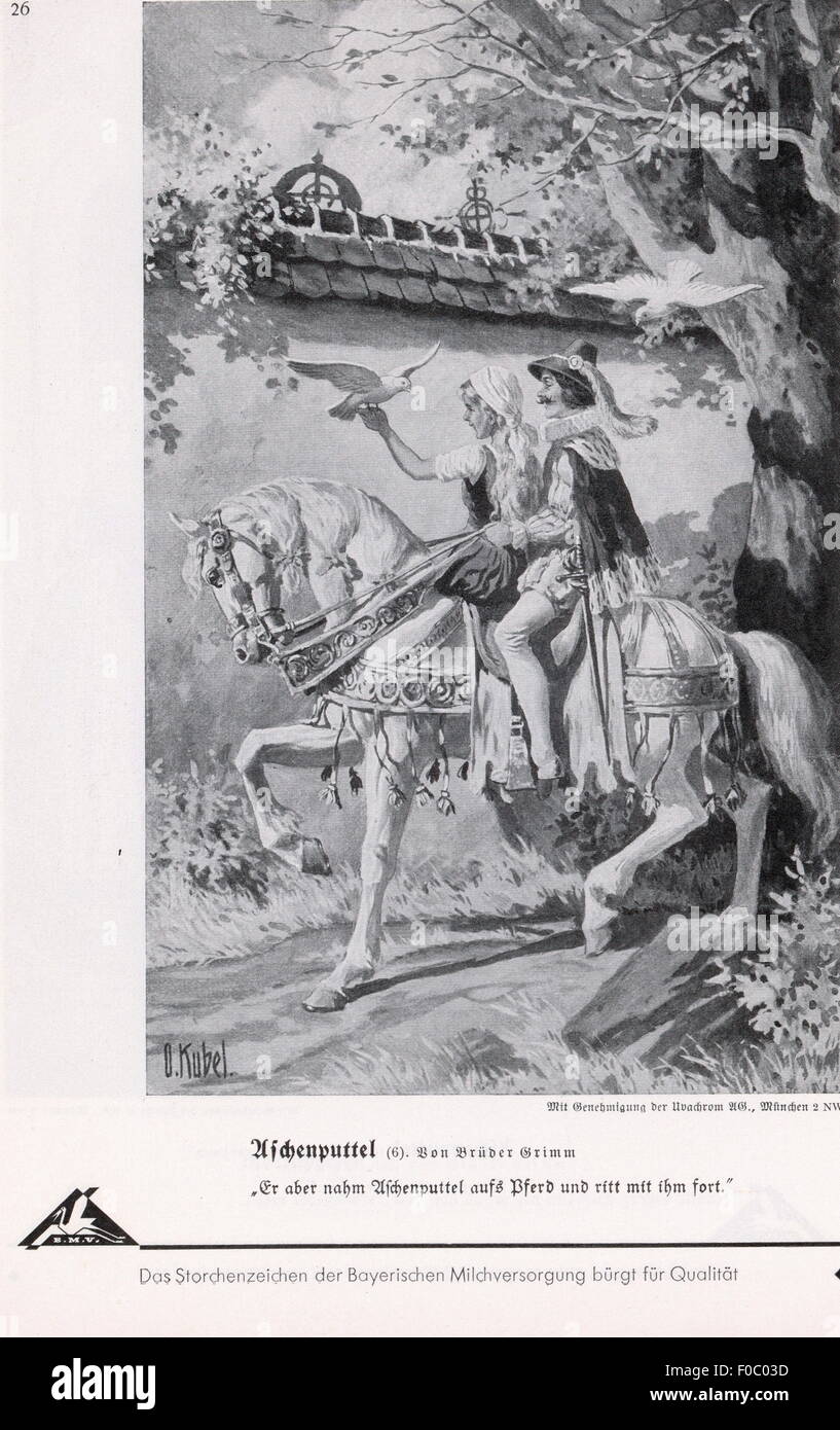 Letteratura, favole, fratelli Grimm, Cenerentola, Cenerentola e il principe, illustrazione di otto Kubel (1868 - 1951), da: Bilderatlas zu den bayerischen Lesebüchern (Atlante delle immagini dei Storybooks bavaresi), 1° numero, favole, editore: Bayerische Milchversorgung, Norimberga, stampa: Fuckmann, diritti aggiuntivi, Fuckmann-1930 Foto Stock