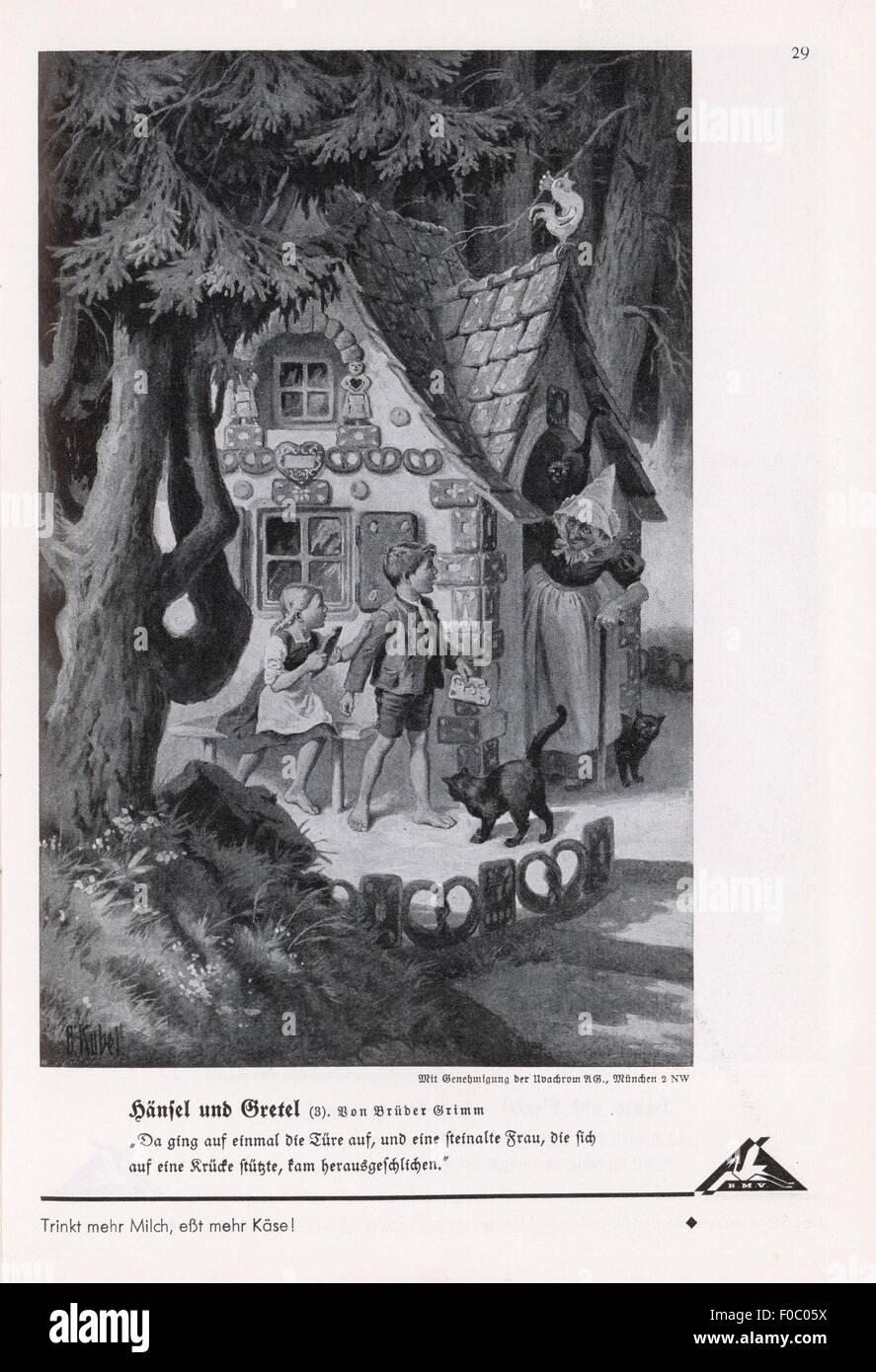 Letteratura, favole, fratelli Grimm, Hansel e Gretel, Hansel e Gretel alla casa di pan di zenzero, illustrazione di otto Kubel (1868 - 1951), da: Bilderatlas zu den bayerischen Lesebüchern (Atlante delle immagini dei Storybooks bavaresi), 1° numero, favole, editore: Bayerische Milchorgung AG, Nuclermann, 1930, non disponibile Foto Stock