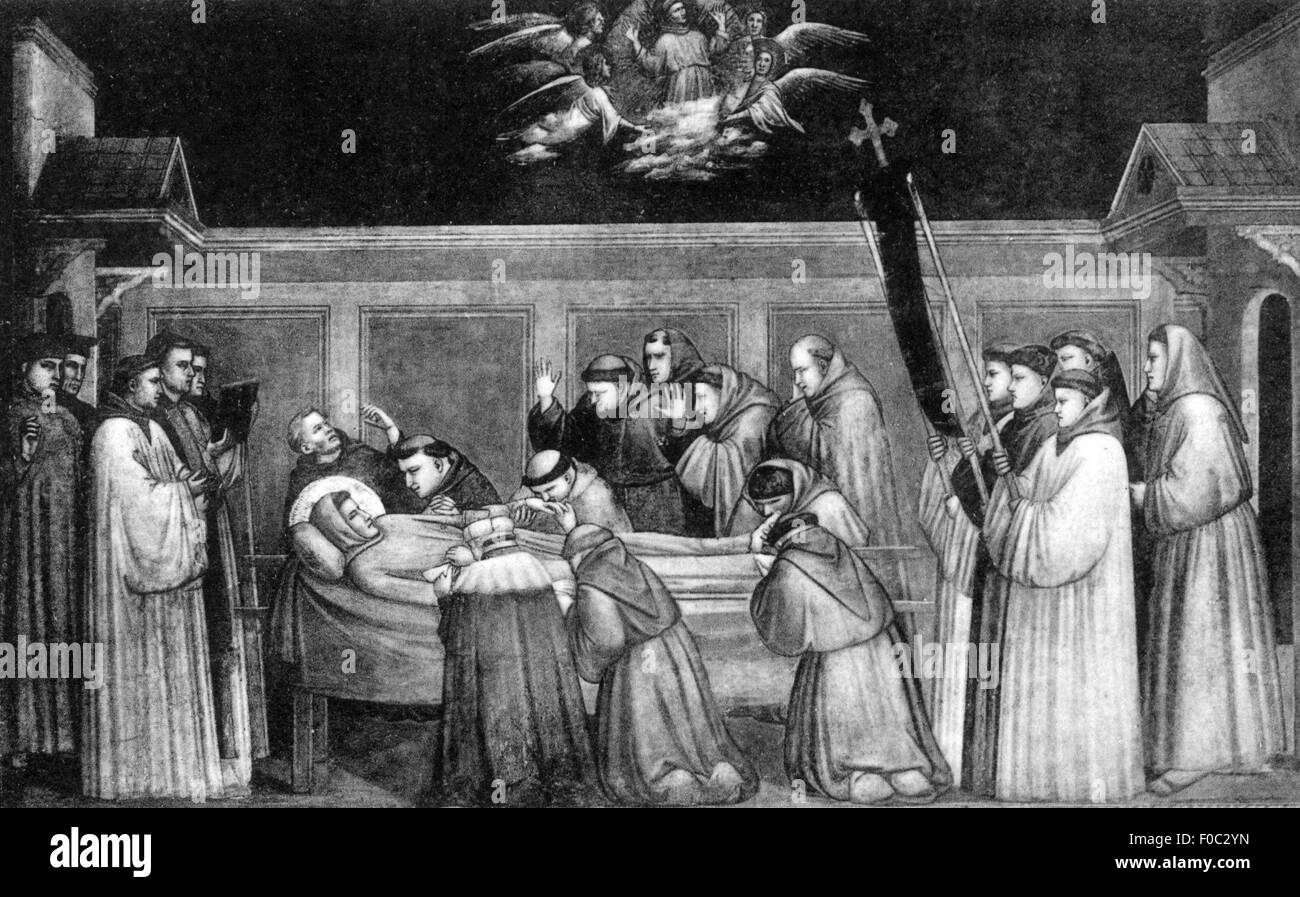 San Francesco d'Assisi, circa 1181 - 3.10.1226, sacerdote italiano, Santa, confessione di Franciscus e sogno del vescovo Guy II d'Assisi, dopo affresco di Giotto di Bodone, chiesa di Santa Croce, Firenze, 1317, cartolina, Italia, 20th secolo, Foto Stock