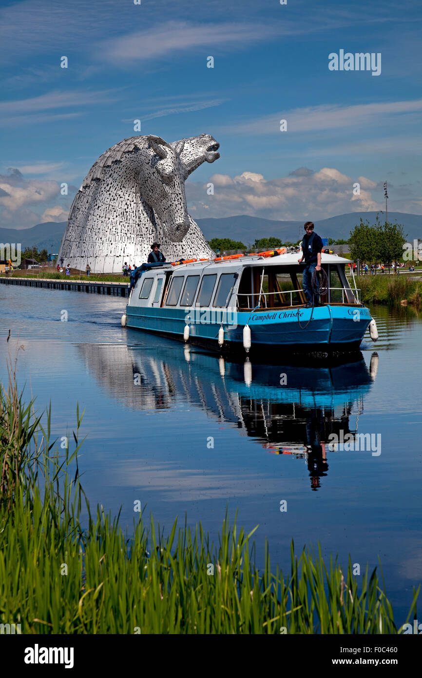 Helix Park Kelpies e barcone sul canal Falkirk Regno Unito Foto Stock