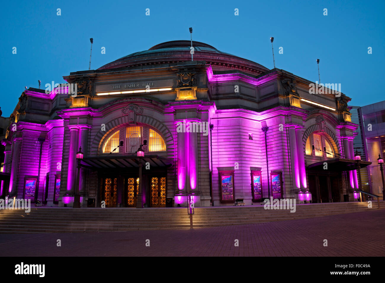 Usher Hall illuminata di sera, Edimburgo Scozia UK Foto Stock