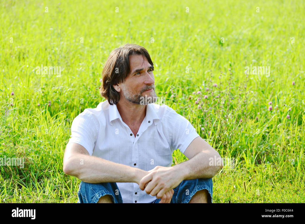 Un uomo si siede nel prato in estate Foto Stock