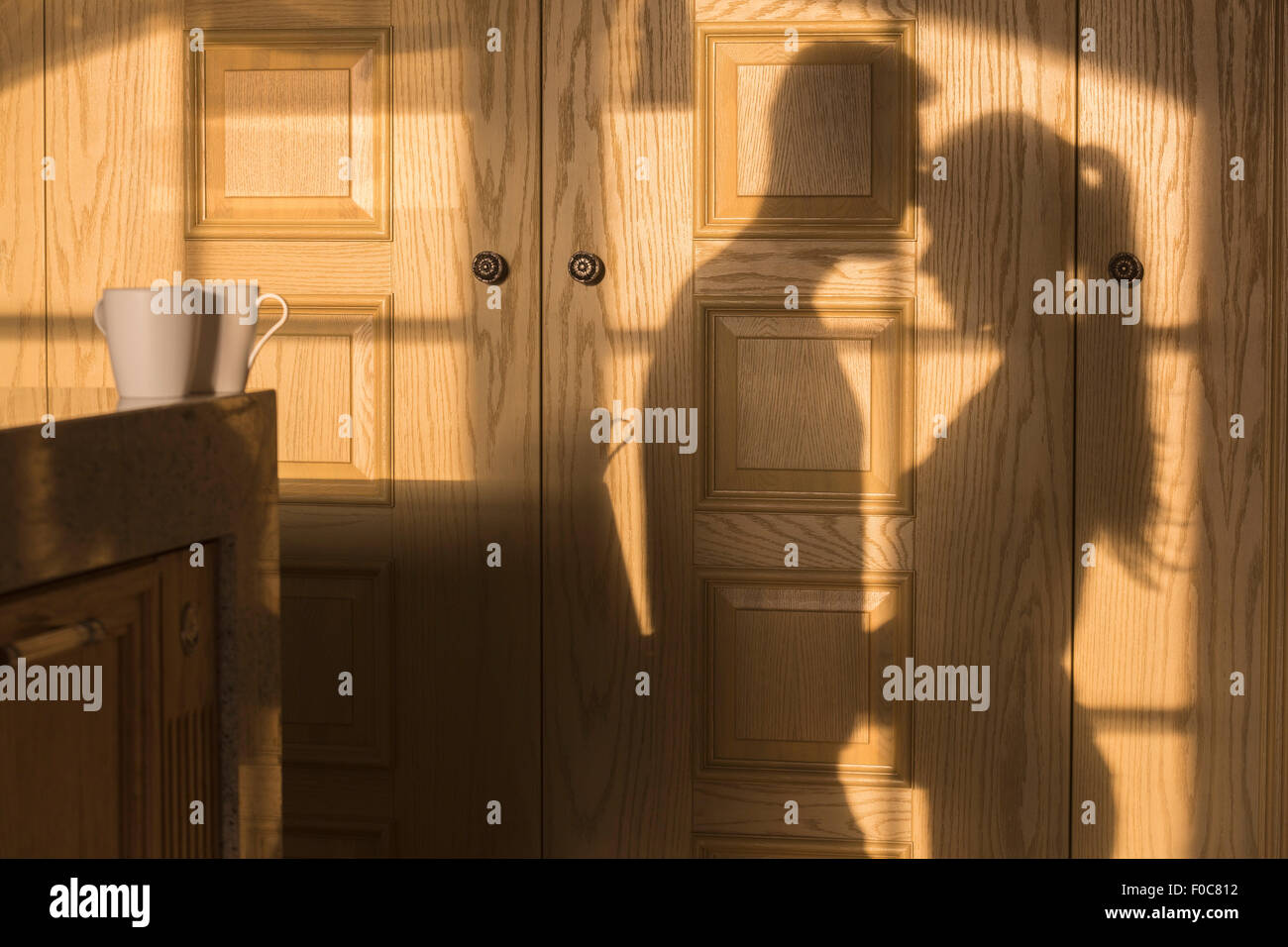 Ombra di coppia romantica sulla parete in legno Foto Stock