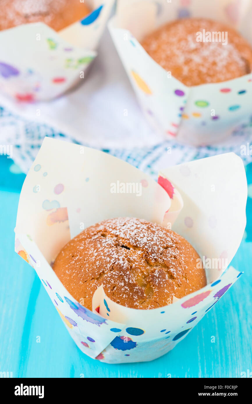 Bella muffin fatti in casa con zucchero a velo. Messa a fuoco selettiva. Foto Stock