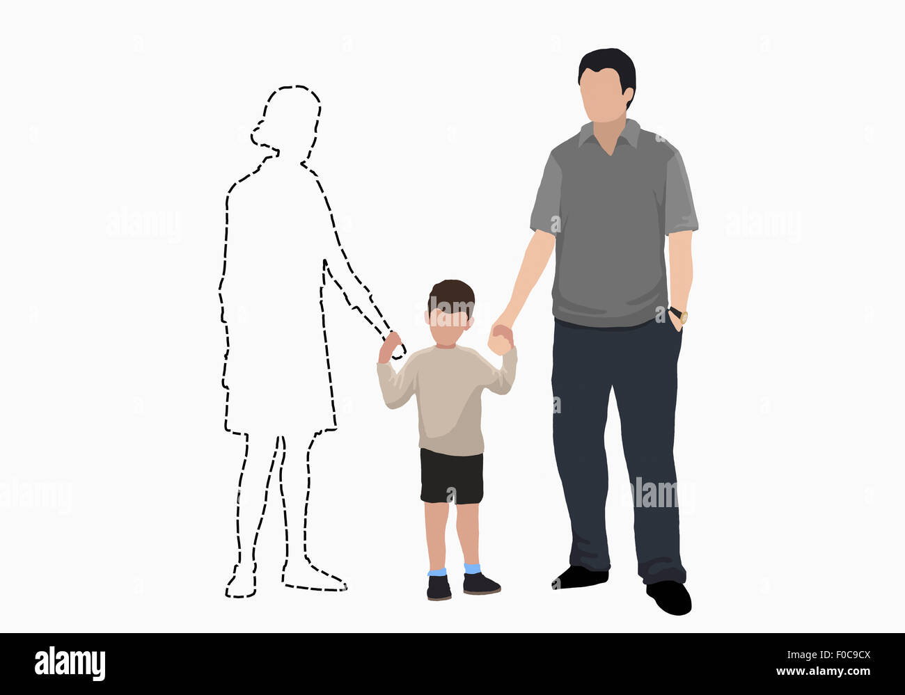 Immagine illustrativa della famiglia tenendo le mani della madre mancante su sfondo bianco Foto Stock