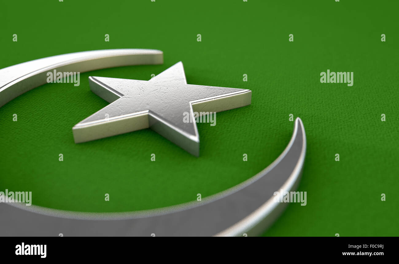 Un metallo della mezzaluna islamica luna e stella su un verde sfondo testurizzata Foto Stock
