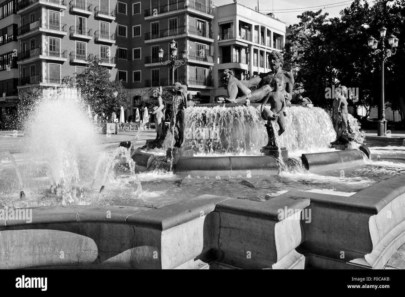 Fontana di Turia nella Plaza de la Virgen di Valencia Foto Stock