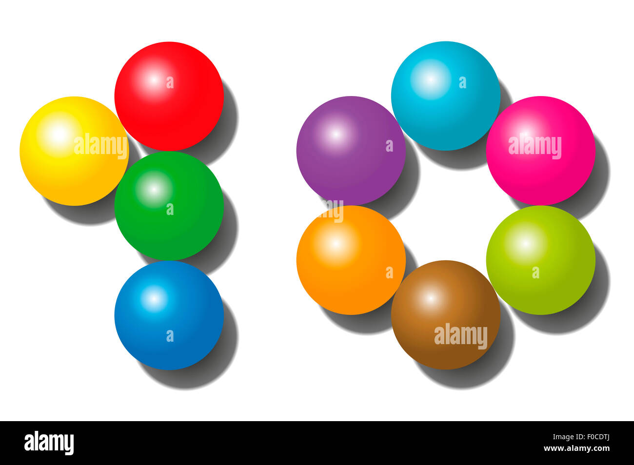 Dieci - composto da esattamente dieci sfere colorate - illustrazione su sfondo bianco. Foto Stock