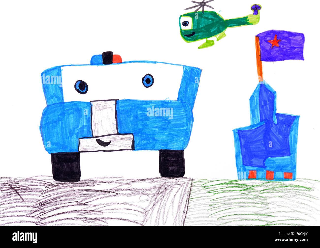 Auto della Polizia, elicottero e castello. bambino il disegno sulla carta. Foto Stock