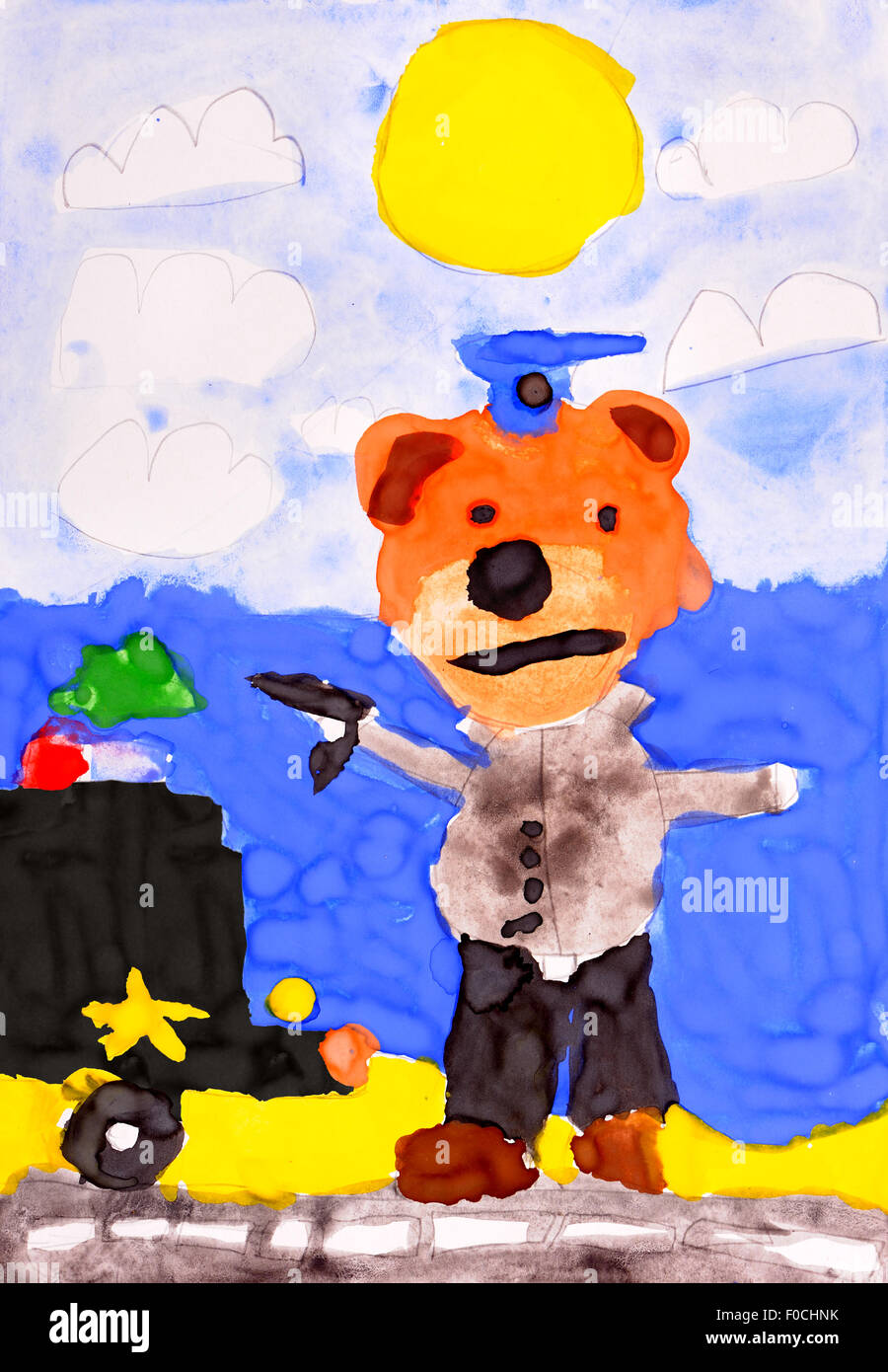 Bambino.disegno di cane di polizia e auto della polizia. Foto Stock