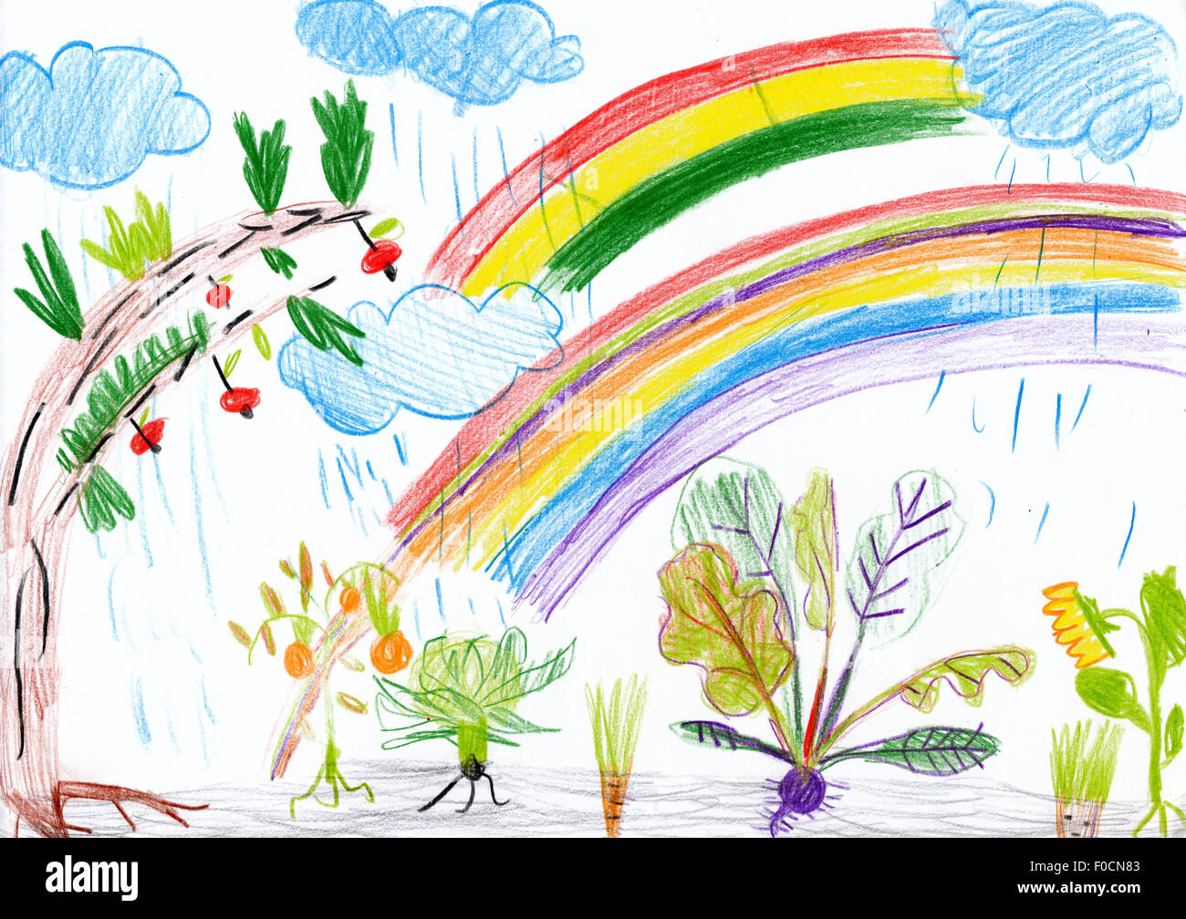 Bambino acquerelli di disegno. Paesaggio con alberi e pioggia Foto stock -  Alamy, acquerelli bambini