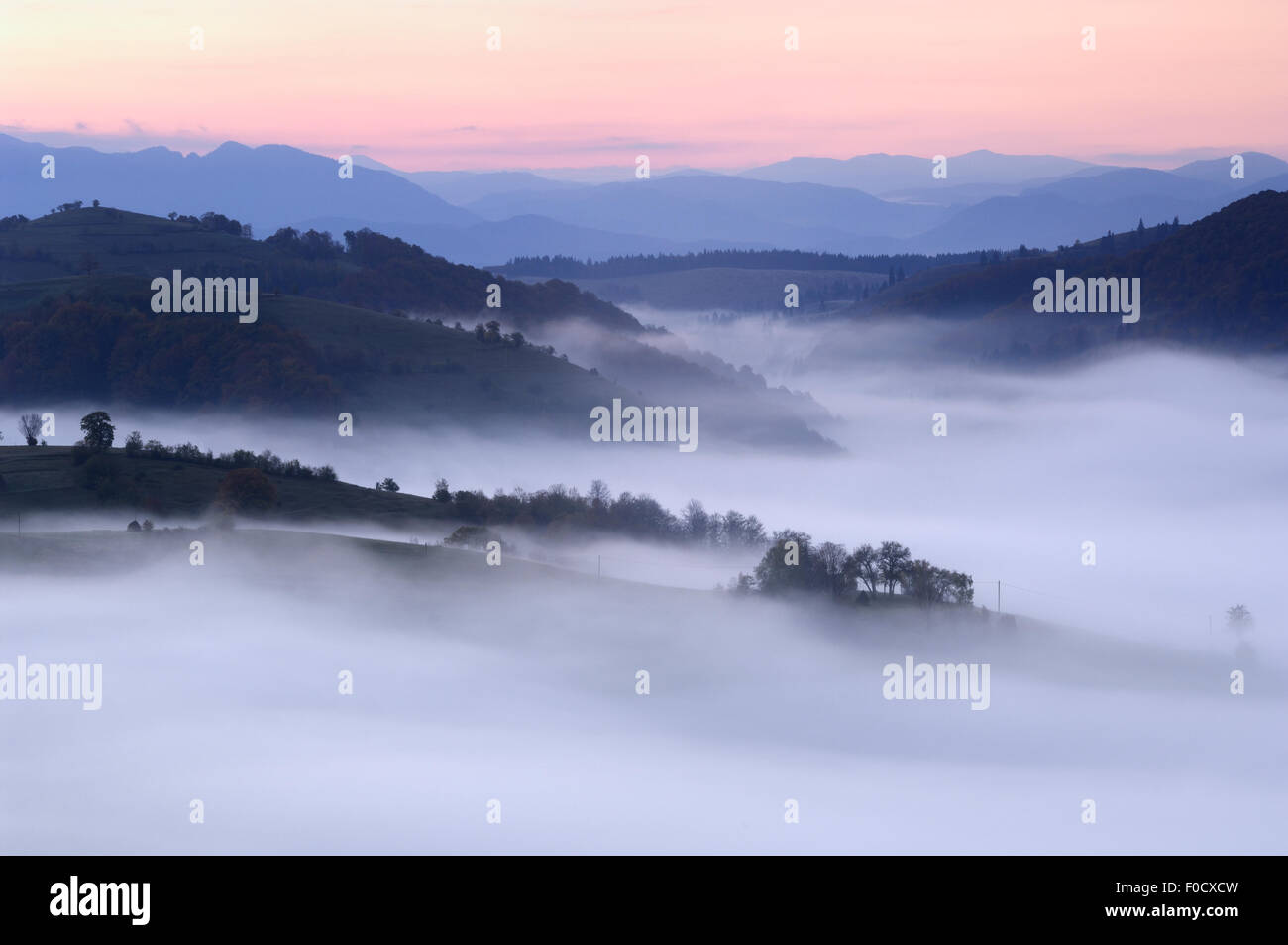 Paesaggio rurale all'alba vicino Zarnesti, Transilvania meridionale, le montagne dei Carpazi, Romania, Ottobre 2008 Foto Stock