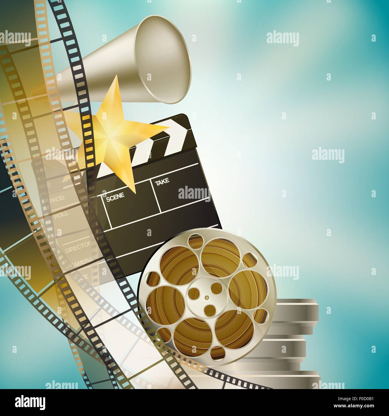Cinema sfondo blu con retro filmina battaglio e stelle a sinistra lungo un bordo verticale Illustrazione Vettoriale