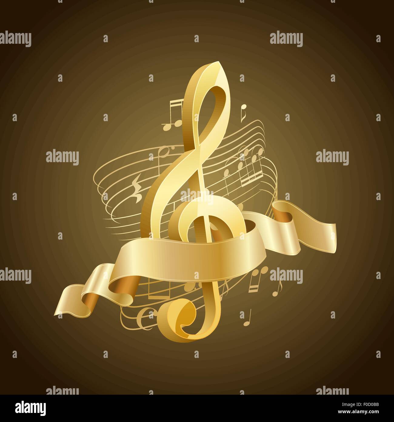 Golden musical chiave di violino con linee astratte e note, nastro su sfondo marrone Illustrazione Vettoriale