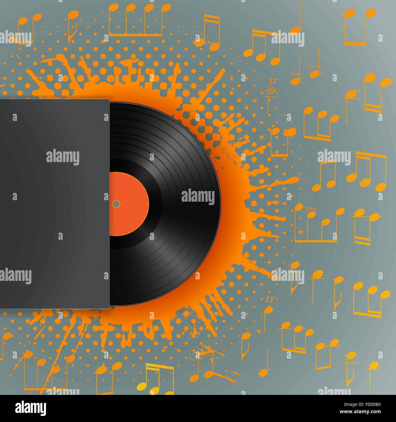 Disco di vinile in copertina vuota busta su macchia con mezzitoni e le note musicali sullo sfondo Illustrazione Vettoriale