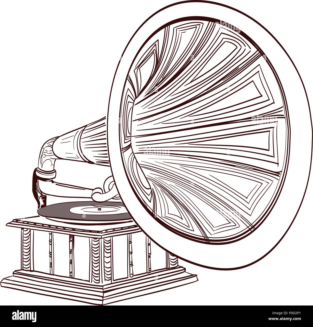 Disegnata a mano il grammofono su bianco Illustrazione Vettoriale