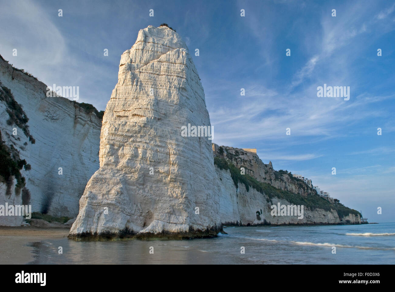 Pizzomuno stack e scogliere calcaree, Vieste, il Parco Nazionale del Gargano, Gargano in Puglia, Italia, Maggio 2008 Foto Stock