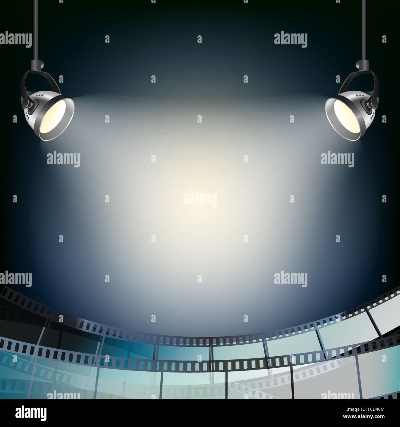 Cinema sfondo blu con le luci spot e la filmina Illustrazione Vettoriale