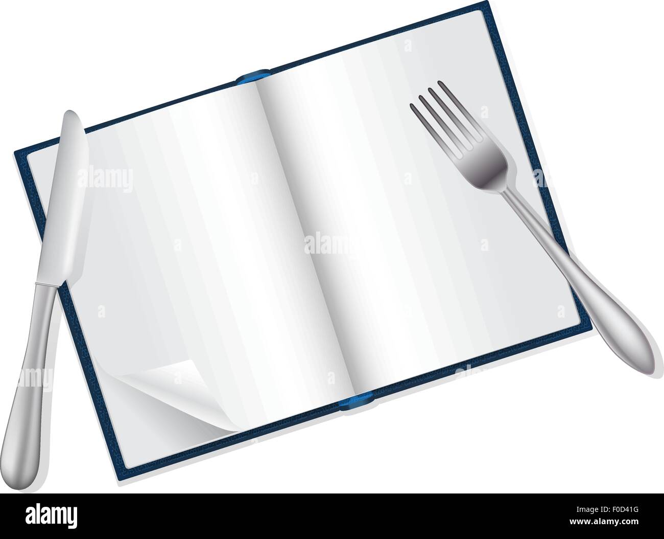 Libro aperto, forchetta e coltello la lettura e il concetto di cibo Illustrazione Vettoriale