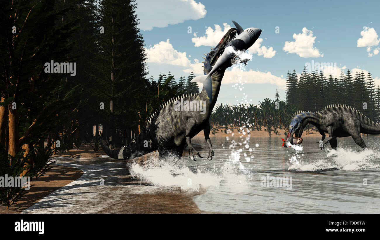 Due dinosauri Suchomimus catturare un pesce e shark accanto a calamite e piante pachypteris. Foto Stock