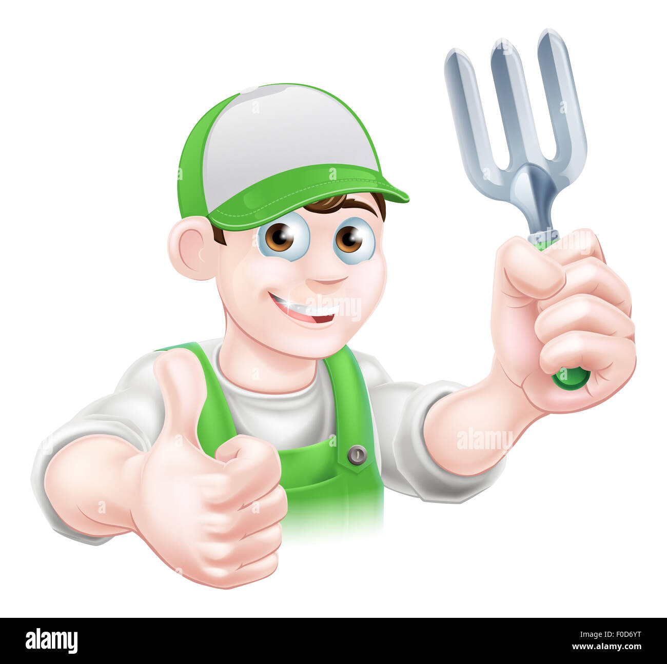 Cartoon giardiniere felice in una capsula e salopette da tenendo un giardino attrezzo forcella e dando un pollice in alto Foto Stock