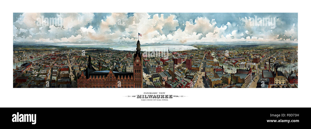 Vintage American History stampa mostra una vista panoramica di Milwaukee, Wisconsin, presi dal Municipio Torre. Foto Stock